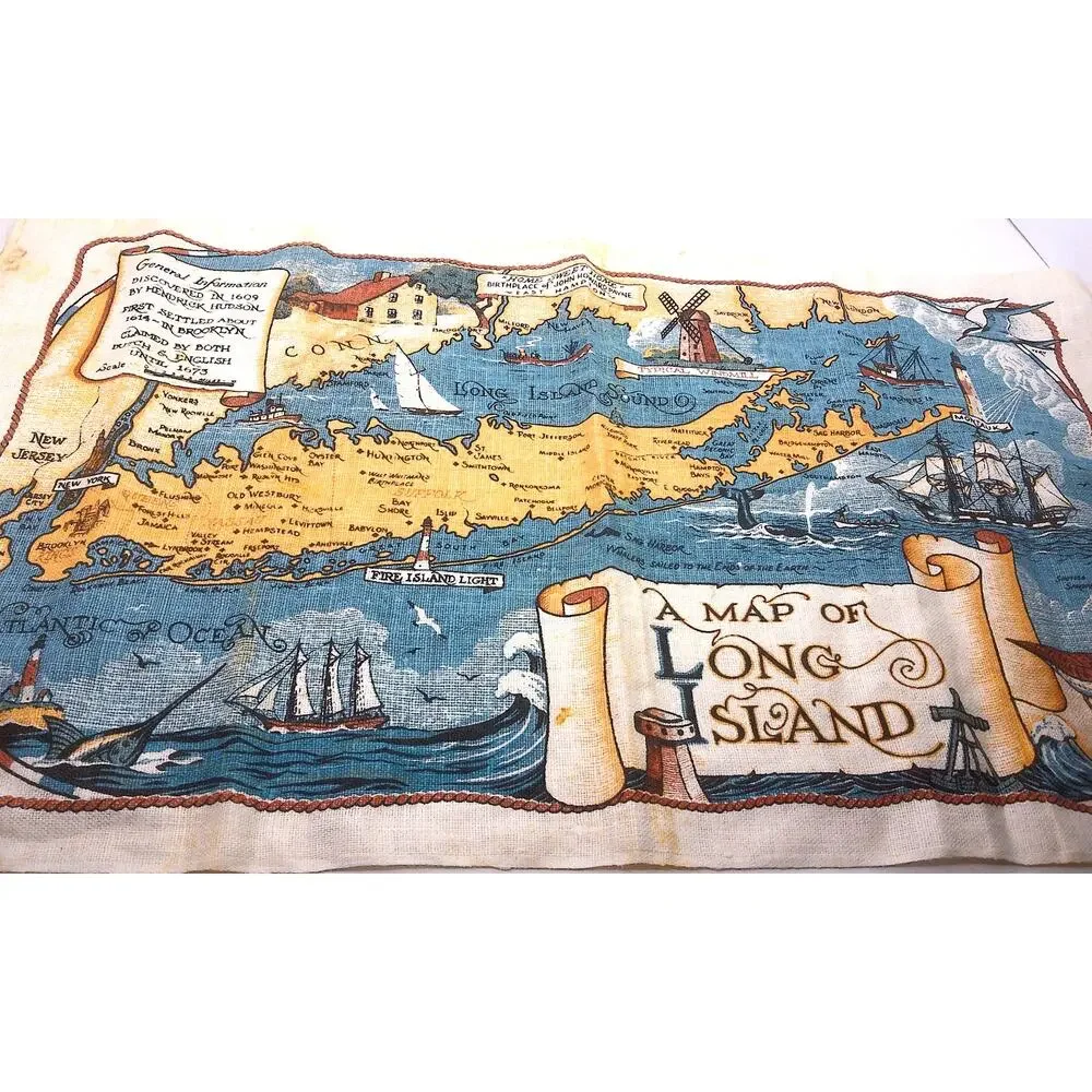 Vintage Long Island Map Linen Tea Towel Art Print by Richard Batchelder READ
